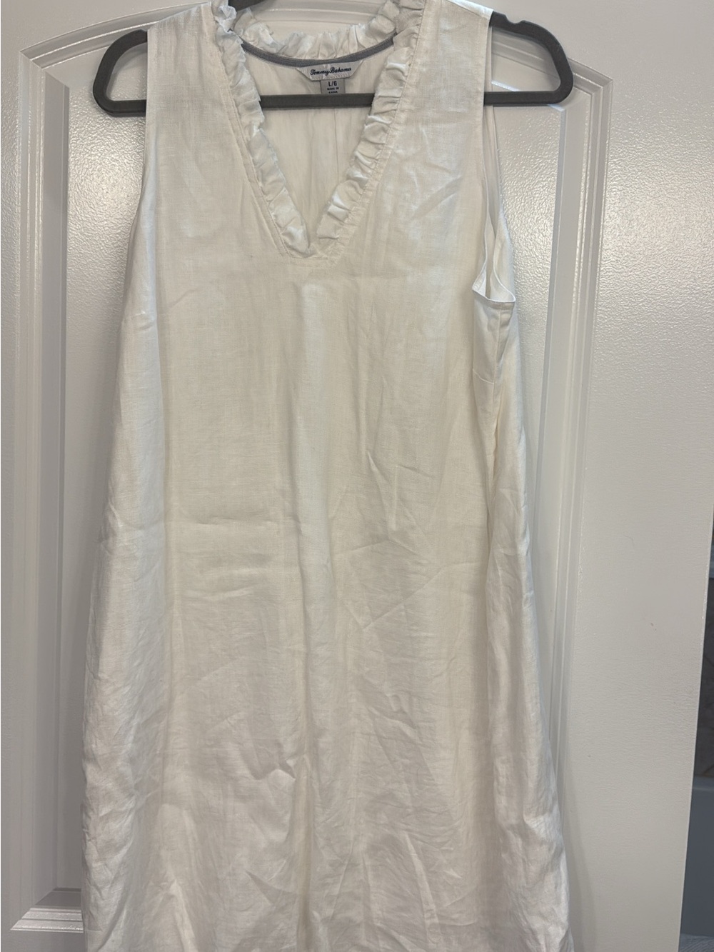 Tommy Bahama White Ruffle V-Neck Linen Dress